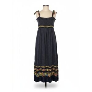 Vintage Floral Maxi Dress Navy Blue Polka Dot Smocked Tie Strap‎ Summer Casual